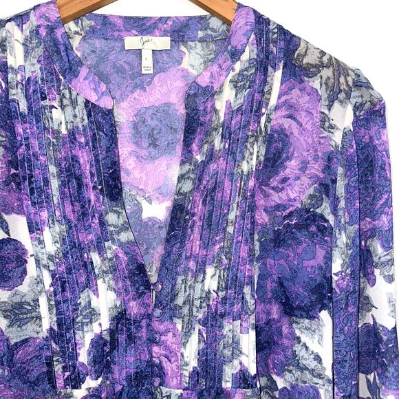 Joie Datev Purple Floral Pintuck Button Down Silk Blouse Size Large - Picture 3 of 14